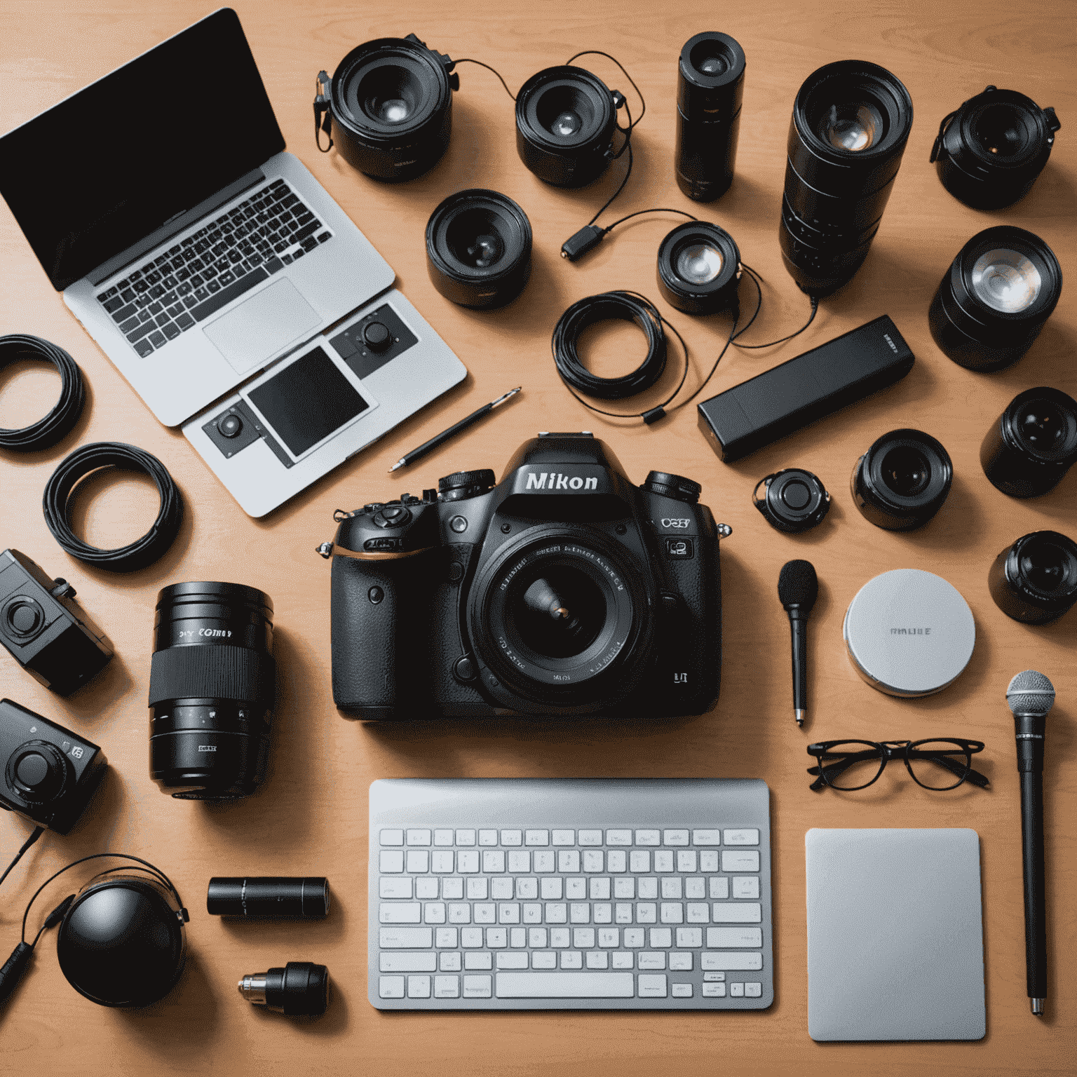 Various high-tech gadgets including cameras, microphones, and lighting equipment arranged on a sleek desk