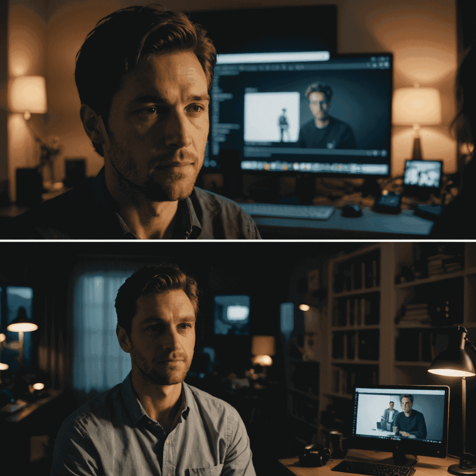 A before and after comparison of video content. The 'before' image shows a dimly lit, amateur-looking setup, while the 'after' image showcases a professionally lit, vibrant scene with the content creator clearly visible and engaging.