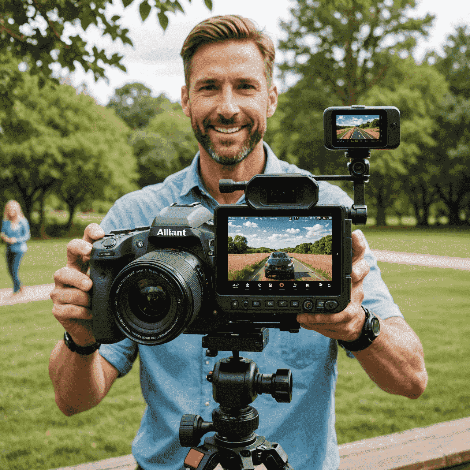 Alliant's new all-in-one vlogging camera, sleek design with multiple lenses and a flip screen, being used by a content creator in an outdoor setting