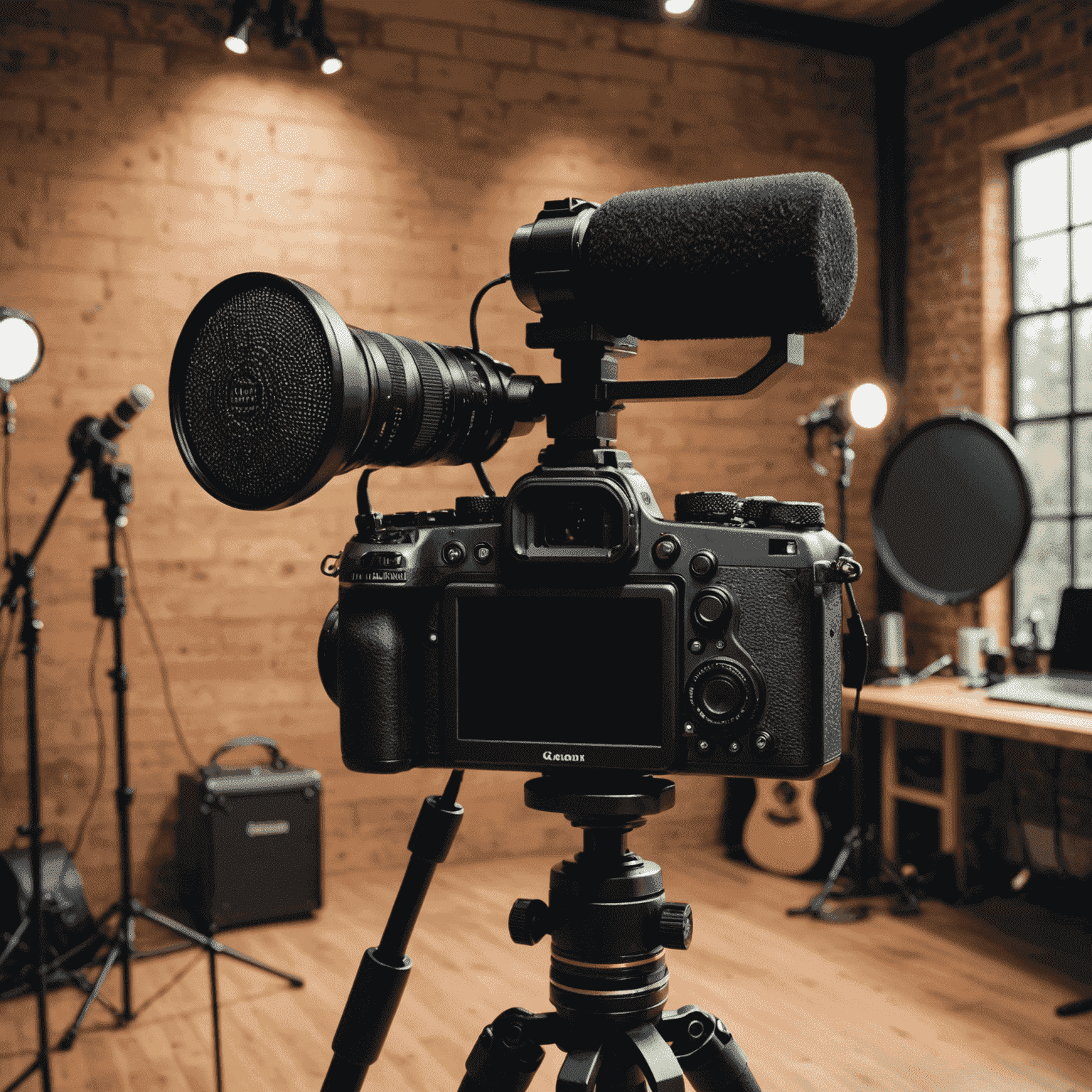 Various content creation tools including a high-quality camera, professional microphone, and studio lighting setup for influencers