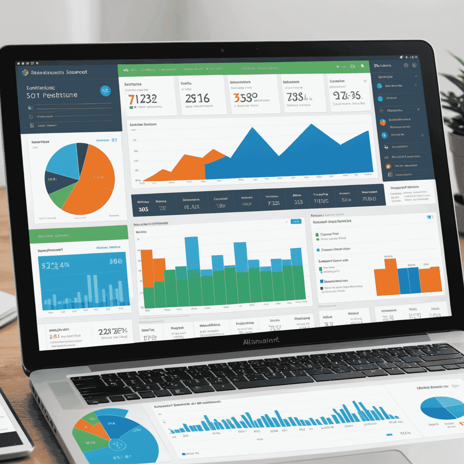 Interactive dashboard showing various analytics graphs including follower growth, engagement rates, and content performance across different platforms. The graphs use the Alliant color scheme of blues and greens with orange accents.