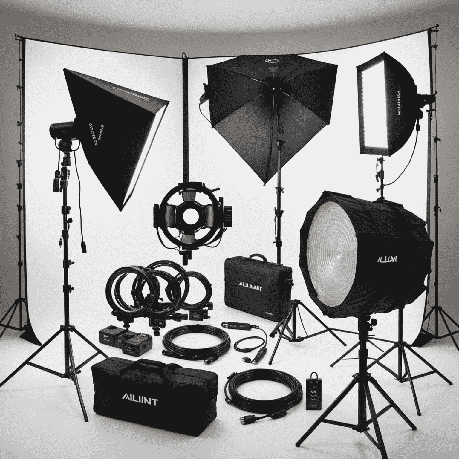 The Alliant Pro Lighting Kit laid out neatly, showcasing the LED panels, ring light, softboxes, and accessories against a clean white background.