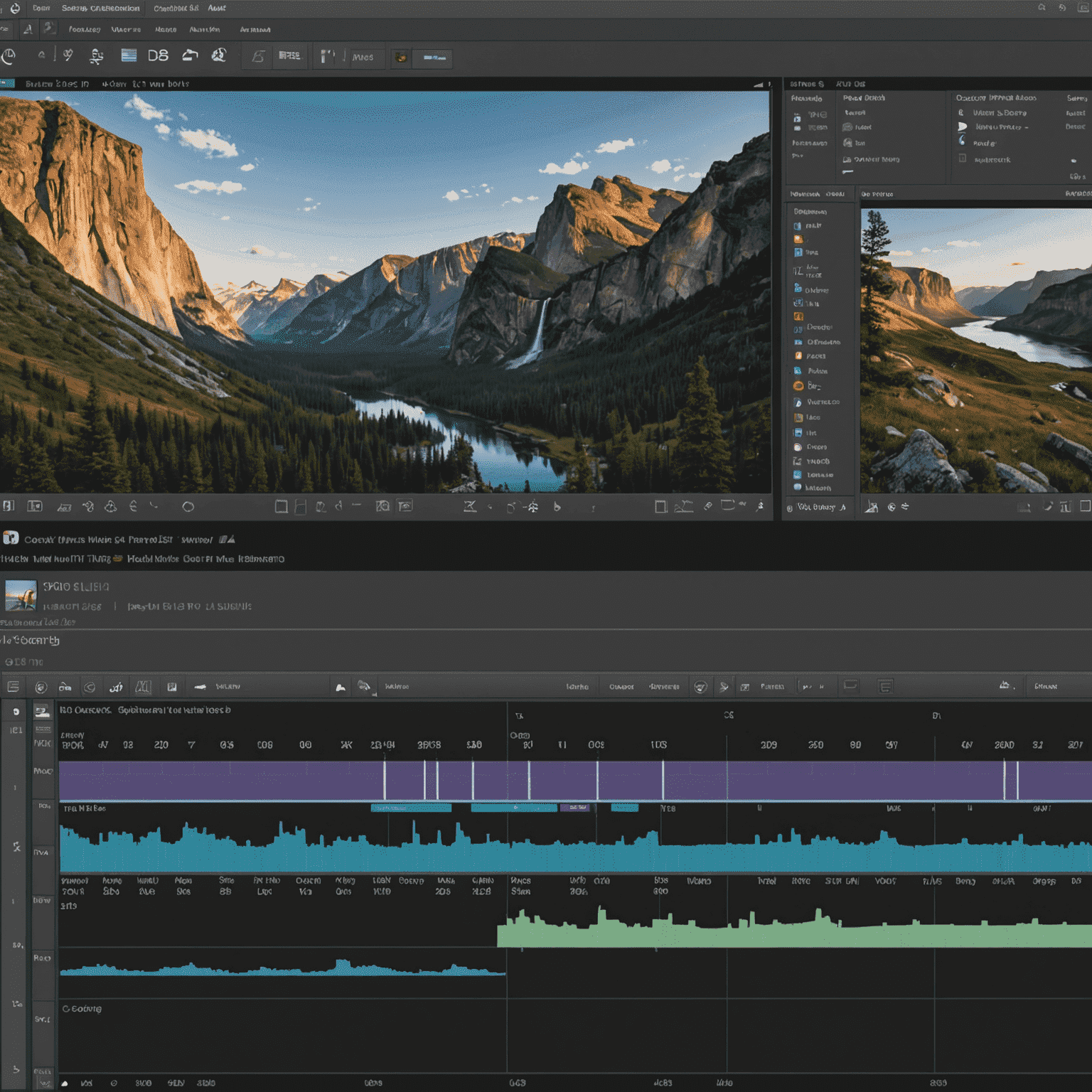 Screenshot of a professional video editing software interface with timeline, effects panel, and preview window