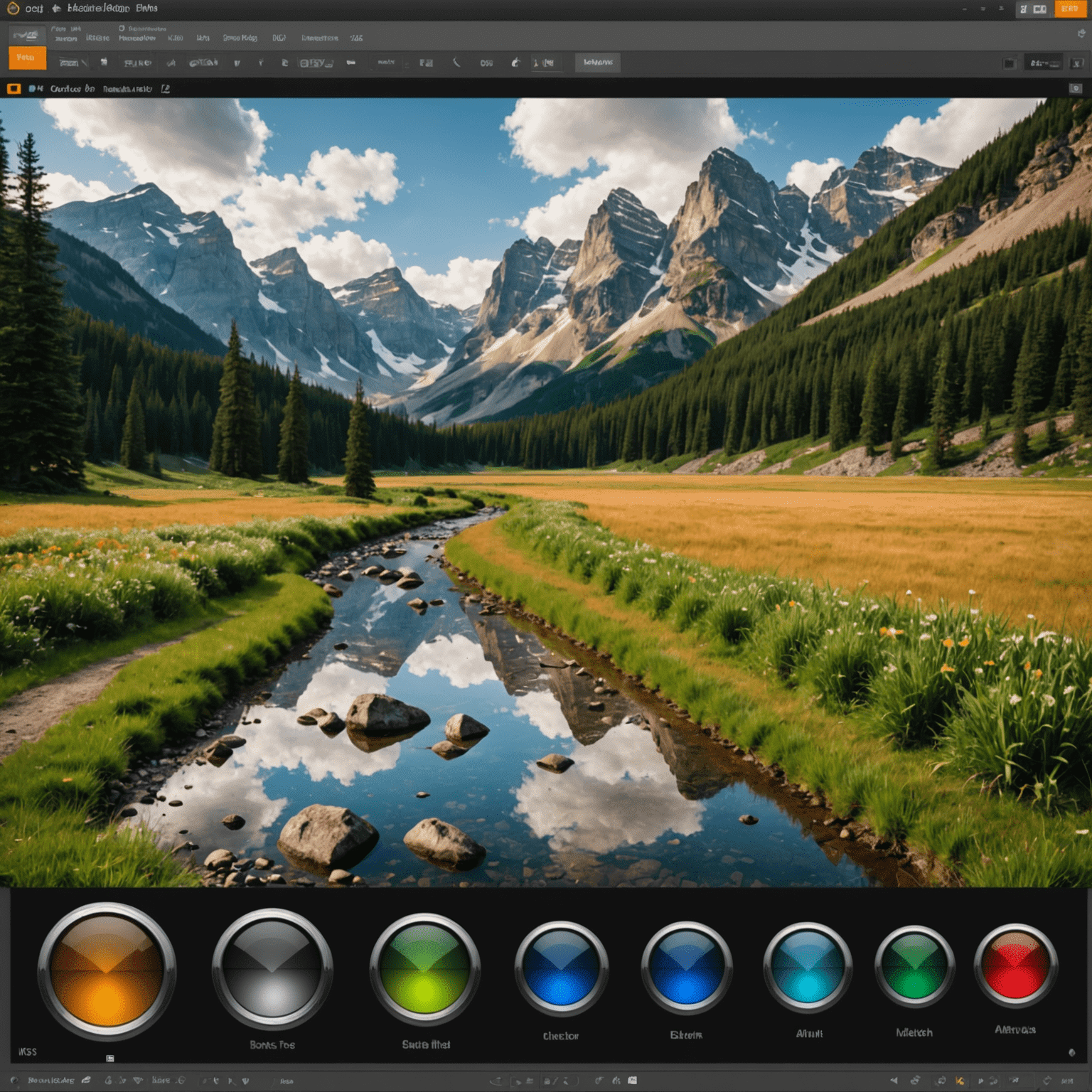 Photo editing interface with adjustment sliders, layers panel, and brush tools