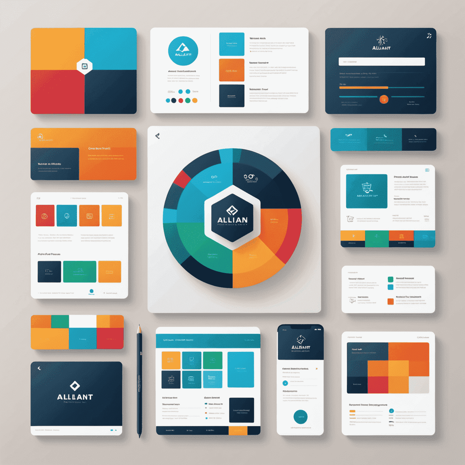 Interface of Alliant's logo design tool with various design elements and color palettes