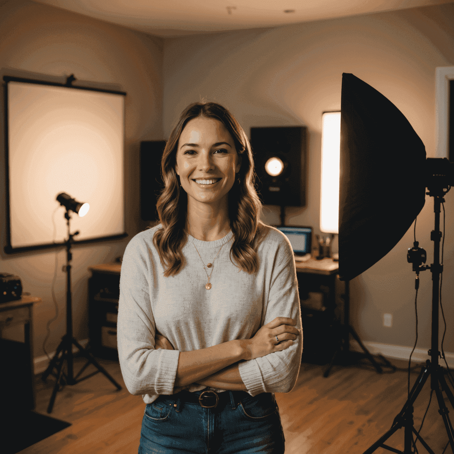 A smiling content creator confidently presenting to the camera in a beautifully lit home studio setup, with Alliant lighting equipment visible in the background.