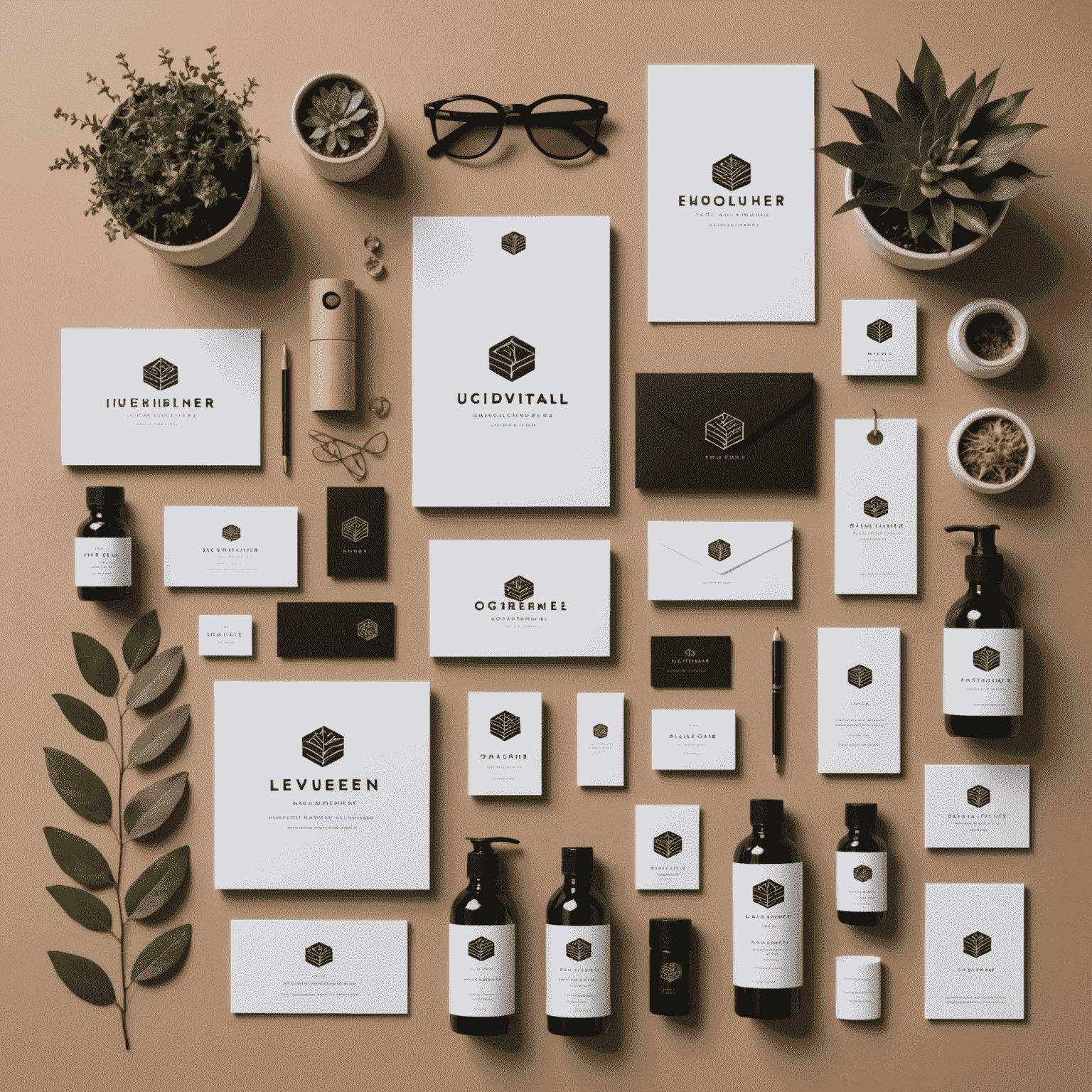 Collage of branding elements including a logo design, business cards, and custom merchandise for influencers