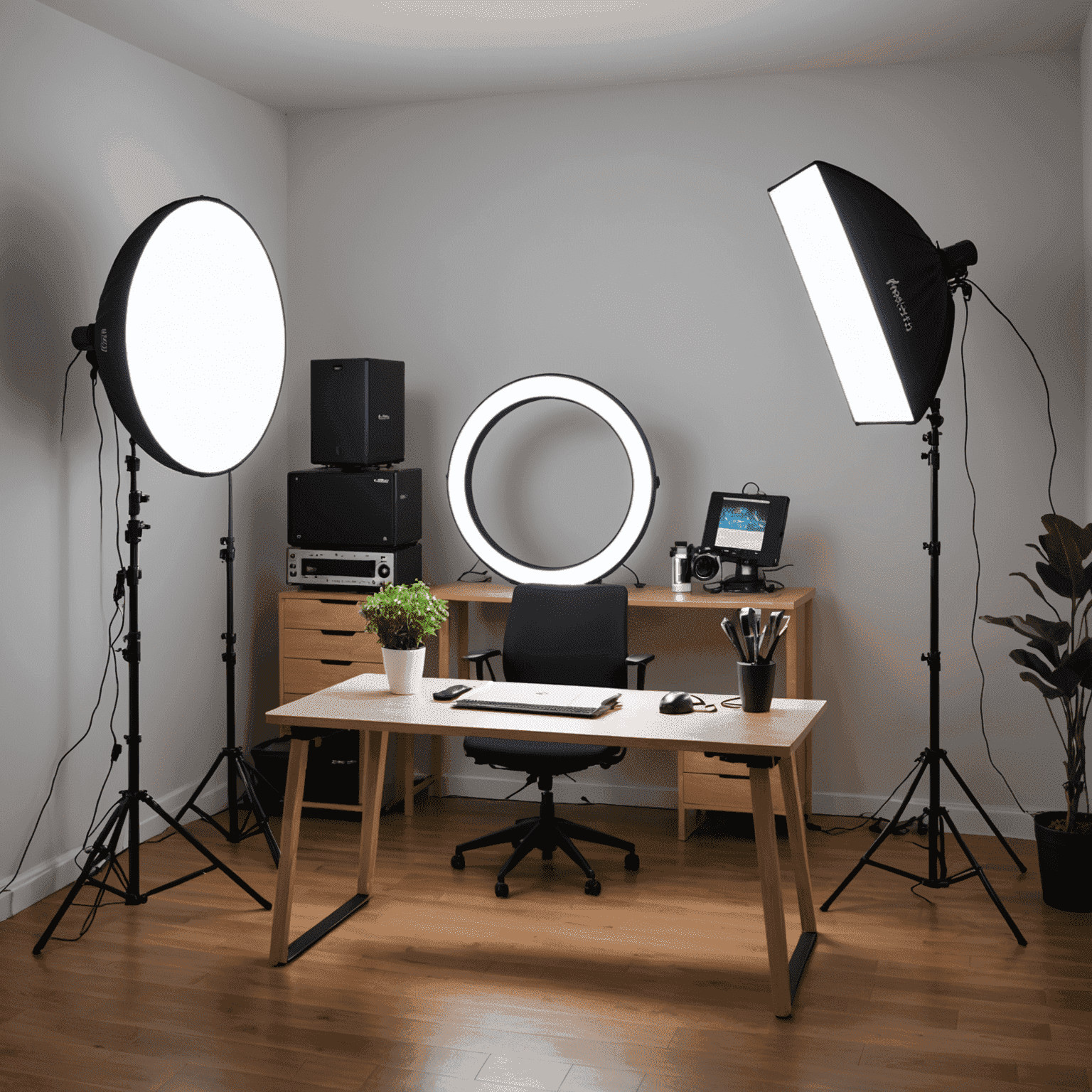 Various lighting setups including ring lights, softboxes, and LED panels for perfect illumination