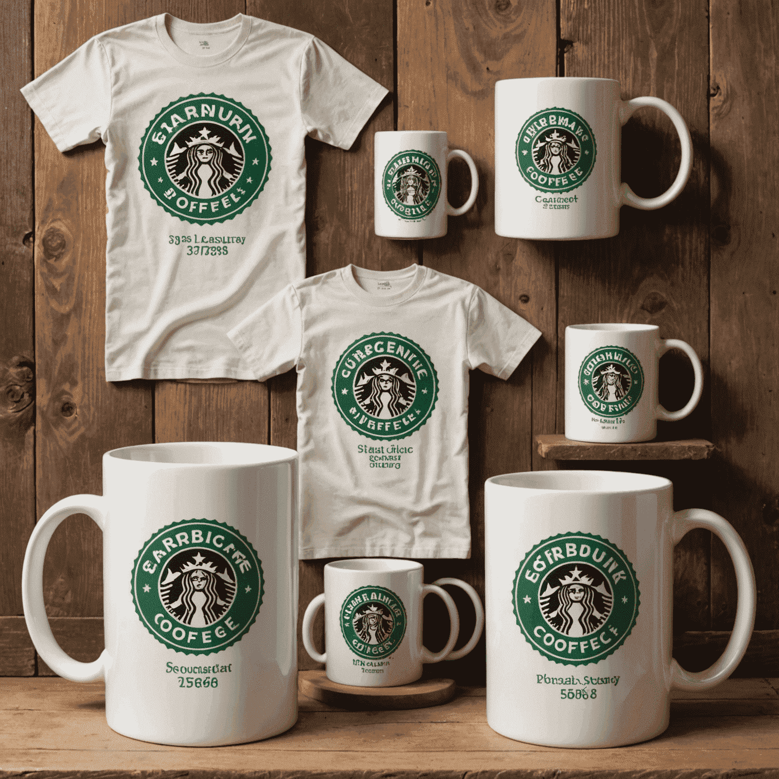 Various branded merchandise items like t-shirts, mugs, and phone cases