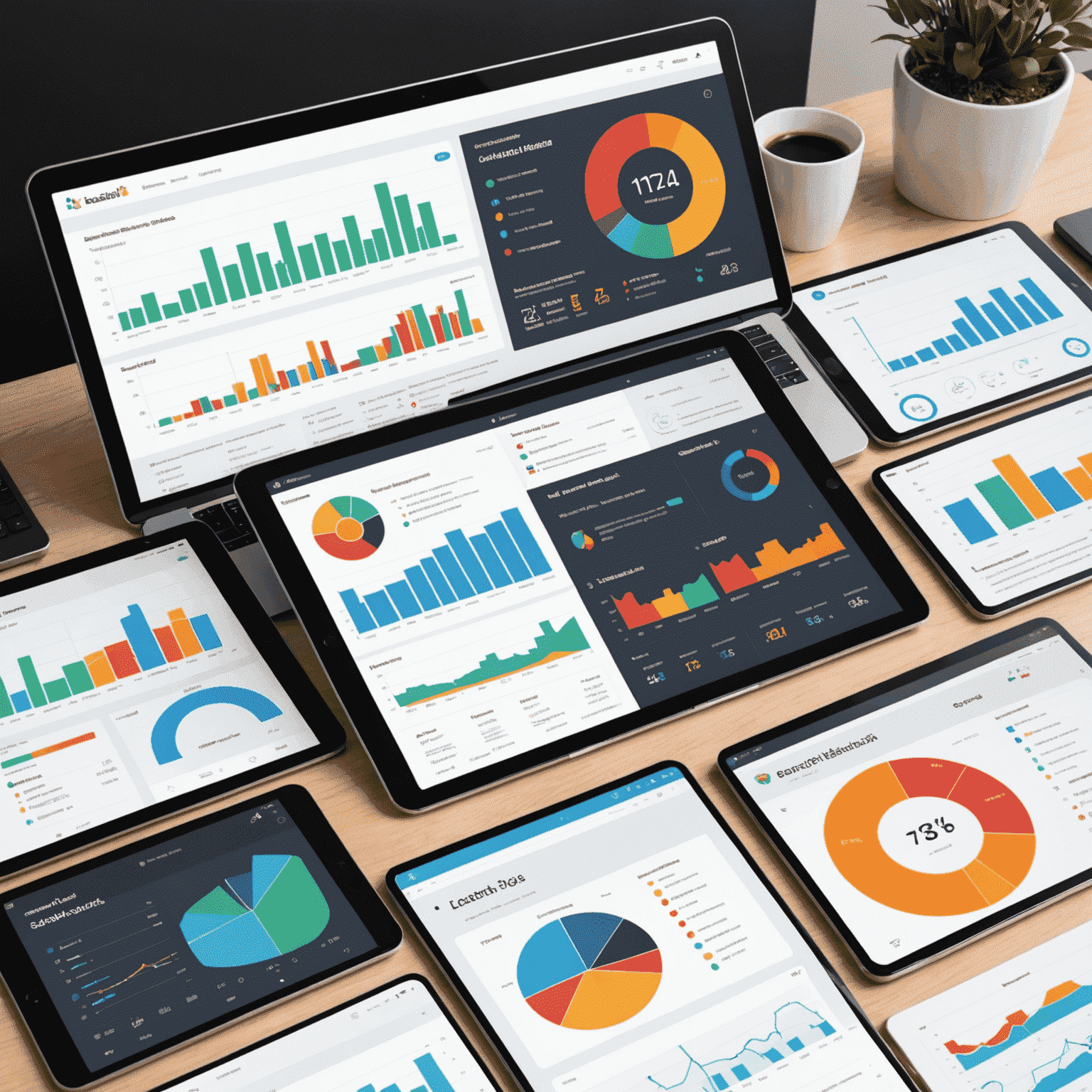 Dashboard displaying various analytics charts, graphs, and key performance indicators for social media and content performance